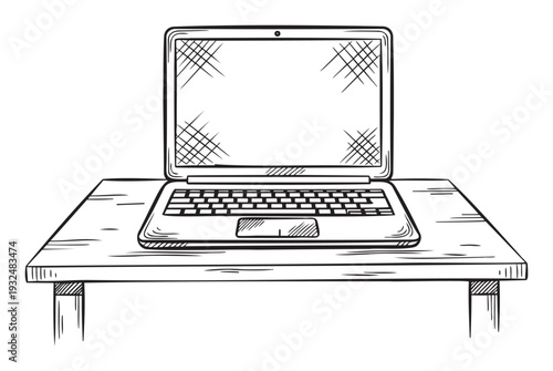Hand drawn sketch of a modern open laptop computer resting on a wooden desk, perfect for use in technology education materials, business presentations, or product interface visuals.