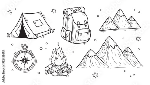Set of essential outdoor adventure items featuring a camping tent, a backpack, majestic mountains, a navigational compass, and a cozy campfire perfect for travel and exploration themed
