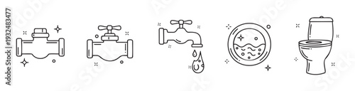 Essential plumbing system icons depicting various water supply and waste management elements like pipes, faucets, and toilets for professional home maintenance and utility service