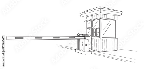 A detailed line drawing of a security checkpoint featuring a guard booth and an automated barrier arm, ideal for diagrams, instructional materials, or urban planning visualizations.