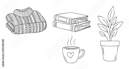 Cozy home objects outline drawings including a knitted sweater, stack of books, warm coffee mug, and a potted plant for hygge lifestyle and comfortable living concepts.