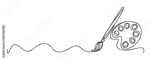 Continuous line drawing of an artists brush and a paint palette with a flowing wavy line, perfect for creative industry promotions or educational materials.