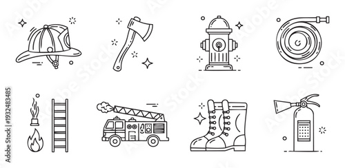 Firefighting equipment icons including helmet axe hydrant hose ladder fire truck boots and extinguisher are perfect for emergency service and safety training visuals.