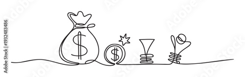 Minimalist continuous line drawing symbolizing the transformation of creative ideas into financial success through a structured process, perfect for business strategy and finance