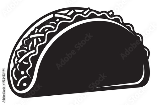 Black and white graphic icon of a traditional Mexican taco filled with meat and fresh vegetables, perfect for restaurant menus, food blogs, or culinary marketing materials.