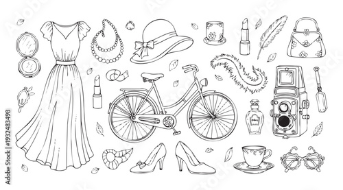 This comprehensive collection of vintage womens clothing and accessories features classic objects perfect for nostalgic design projects, historical themes, or elegant lifestyle content.