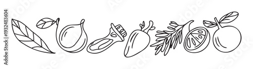 Simple hand drawn botanical elements including assorted fruits and fresh leaves in a continuous black outline style suitable for healthy food marketing, recipe content, or natural product