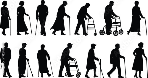 Elderly people silhouette collection with walking cane and walker, senior men and women isolated on white background, healthcare concept vector illustration