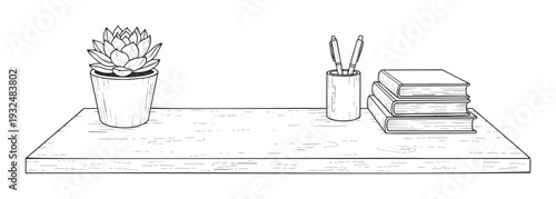 A graphic representation of a wellorganized wooden shelf featuring a vibrant succulent plant, writing instruments, and stacked reading material, suitable for interior design and learning