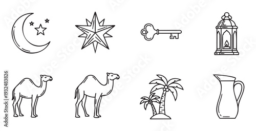 Set of diverse outline icons depicting crescent moon and stars, a lantern, ancient key, majestic camels, lush palm trees, and a water pitcher, perfect for travel, holiday, or cultural