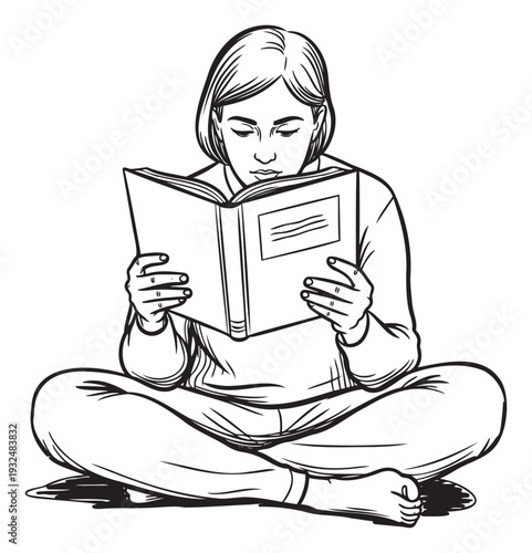 Young woman sitting crosslegged and deeply engrossed in reading a book, perfect for educational content, lifestyle blogs, or promoting quiet leisure activities and learning