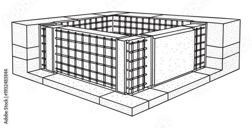 Isometric structural crosssection of a foundation or bunker construction featuring outer masonry block walls, an internal steel rebar cage, and inner concrete sections suitable for civil