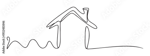 Continuous line drawing of a simple house with a gabled roof and chimney, perfect for real estate presentations, home ownership themes, and modern architectural concepts.