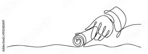 A single continuous line drawing depicts a human hand unrolling a scroll or document, symbolizing unfolding information or a task completion for various graphic design projects and