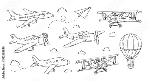 Collection of hand drawn air transportation vehicles including modern passenger jets, propeller planes, biplanes, paper airplane, hot air balloon, and clouds, ideal for childrens books,