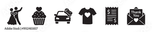 Black silhouette icon set showing a romantic couple dancing, a heart cupcake, car wash service, a heart tshirt, a financial bill, and a thank you envelope, suitable for diverse themed