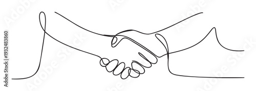 Simple one line drawing of two hands shaking representing a business deal or friendly agreement for partnership and cooperation concepts.