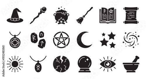 Glyph collection of witch and magic themed icons perfect for representing mystical practices fantasy elements and spiritual concepts in various creative works