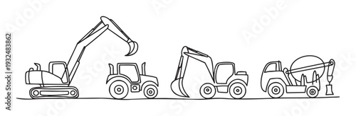Dynamic lineup of essential construction site vehicles including a tracked excavator, wheeled tractor, and concrete mixer truck, perfect for infrastructure project planning or educational