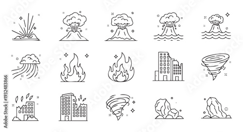 Collection of natural disaster and destruction outline icons perfect for emergency warning systems, safety awareness presentations, educational materials, and weather forecast applications.