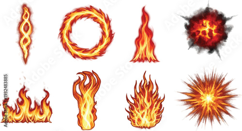 Set of 8 realistic fire and explosion vector illustrations, featuring various flame shapes, fiery rings, and dynamic bursts, perfect for game assets, energy concepts, or dramatic visual effects.