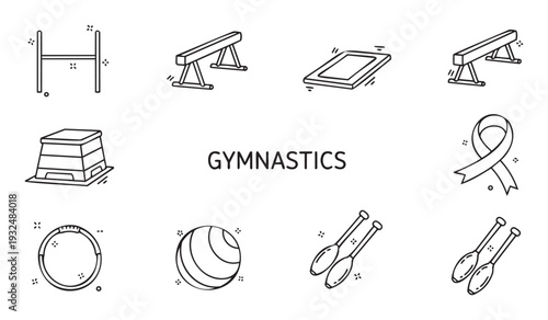 Essential gymnastics apparatus line icons including pommel horse, clubs, ball, and ribbon, suitable for sports event guides, educational materials, and athletic branding applications