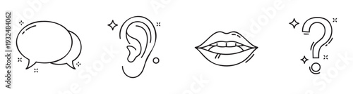 Clear outline graphic elements symbolizing communication, attentive listening, verbal expression, and inquiry, useful for conveying information in modern digital and print media.