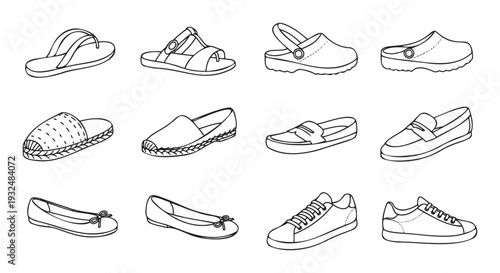 A broad collection of simple line drawings presenting various popular footwear types, including sandals, clogs, espadrilles, loafers, ballet flats, and sneakers, ideal for fashionoriented