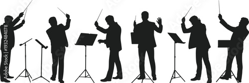 Orchestra conductor silhouette collection, music director conducting symphony with baton isolated black musician set, flat vector illustration
