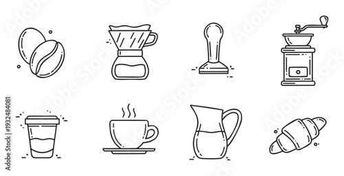 Curated collection of coffee shop essentials and a delicious croissant in a modern outline style suitable for menu design, beverage branding, and digital media projects.