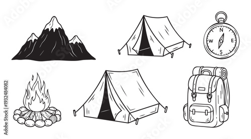 Prepare for an adventure with essential camping equipment featuring stylized mountains, two comfortable tents, a reliable compass, a warm campfire, and a sturdy backpack ideal for outdoor