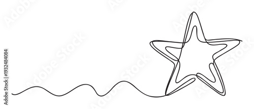 A smooth continuous single line creates a dynamic wavy trail leading into an abstract outlined star symbol great for award recognition celebration branding and modern decorative elements