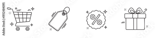 A vibrant collection of shopping and sales themed line icons including a cart, price tag, discount percentage symbol, and gift box for ecommerce and retail promotions
