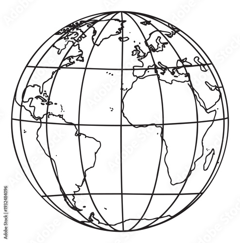 Simple hand drawn outline of the Earth globe displaying continents and grid lines perfect for educational materials, geographical concepts, and travel themed presentations