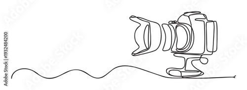 Professional camera outline drawing with a single continuous wavy line creating a modern visual representation for photography related blogs or studio branding materials