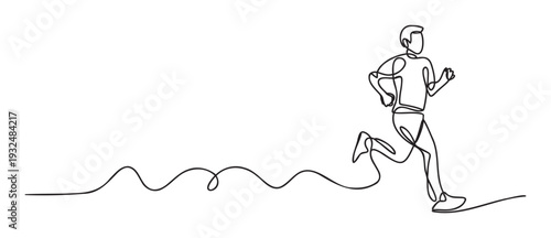 Minimalist continuous line drawing of a person running, symbolizing endurance and a healthy lifestyle, ideal for sports event promotions and wellness advertisements