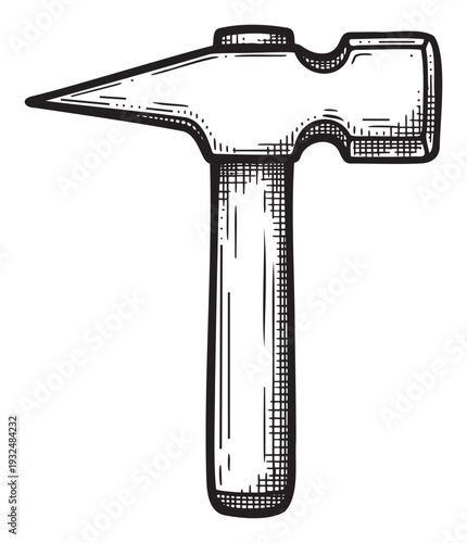 Handdrawn vintage style hammer graphic perfect for construction industry branding, DIY project resources, or general hardware store advertising and merchandise.