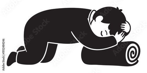 A person in a business suit kneels with head bowed in profound sadness, seeking comfort and resting on a rolled blanket, suitable for conveying emotional struggle, introspection, or a