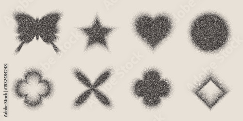 Grainy gradient shapes, flower and butterfly, circle and heart in Y2K retro style, vector illustration set. Noisy halftone patterns, pixelated dots, and abstract floral and geometric icons