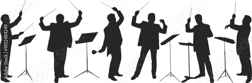 Orchestra conductor silhouette set, music director conducting symphony performance with baton isolated black musician figures, flat vector illustration