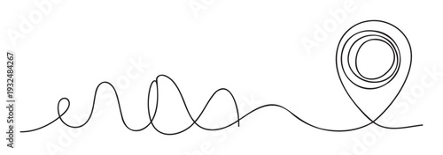 A flowing single line drawing illustrates a winding path or a rollercoaster ride concluding in a precise location marker, ideal for mapping or journey tracking applications.
