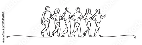 Continuous line drawing of six diverse individuals walking together symbolizing teamwork, collaboration, and collective movement for various commercial and editorial applications