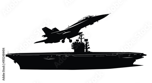Military aircraft taking off from an aircraft carrier striking black silhouette