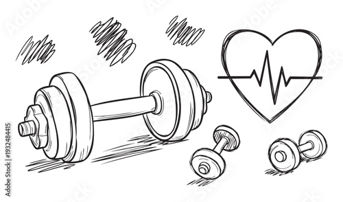 Hand drawn style dumbbells with varying weights and a heart showing a heartbeat line representing fitness and cardiovascular health for active lifestyle promotions