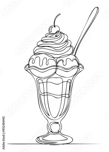 Stylized continuous line drawing of a delicious ice cream sundae with whipped cream, cherry, and a spoon in a glass, perfect for restaurant menus, sweet shop branding, and summer dessert