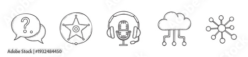 Hand drawn outline icons for business technology communication, including question, star badge, headset, cloud, and network, useful for web and app interfaces.
