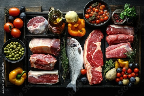 Rustic wooden tray of assorted raw meats and a whole fish with cherry tomatoes, yellow bell peppers, peas, plums, potatoes, olive oil and fresh herbs, fresh and appetizing