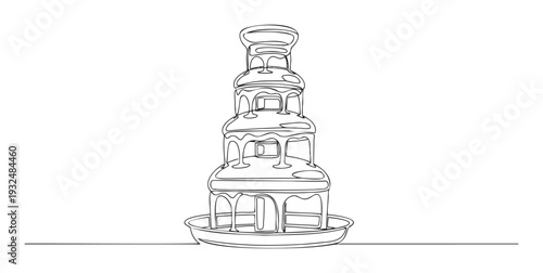 Continuous line drawing of a tiered chocolate fountain creating a flow of melted delicious dessert, perfect for event planners and confectionery marketing.