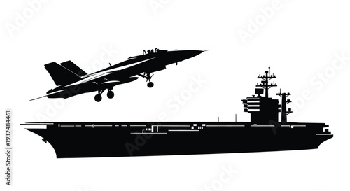 Military aircraft flies over naval ship a striking black silhouette