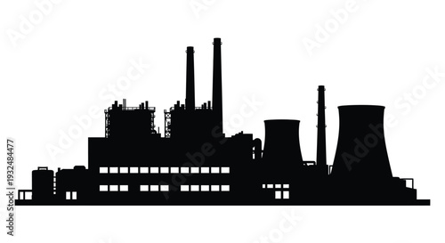 Industrial complex with smokestacks and buildings a dramatic black silhouette